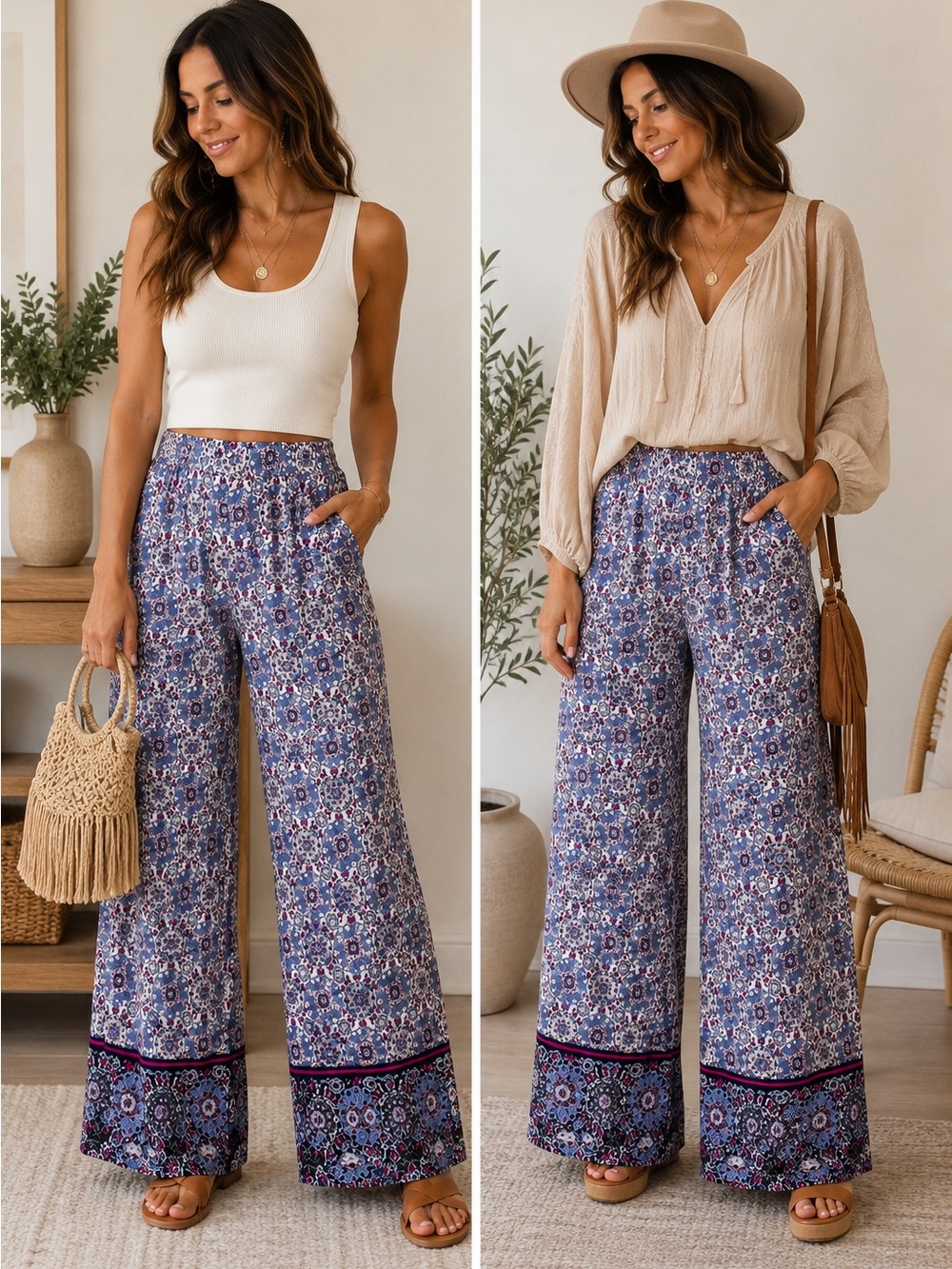 LOFT Blue Floral Wide-Leg Linen Boho Pants